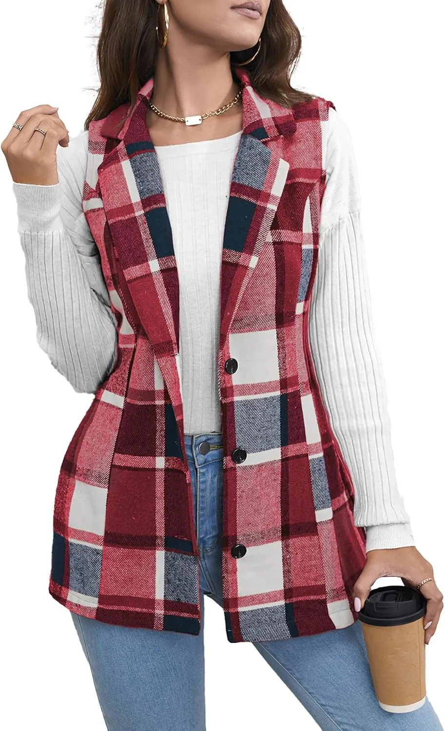 SEMATOMALA Women's Plaid Vest Christmas Cardigan Winter Fall Flannel Vest Sleeveless Blazer Jacket Long Shacket Vest