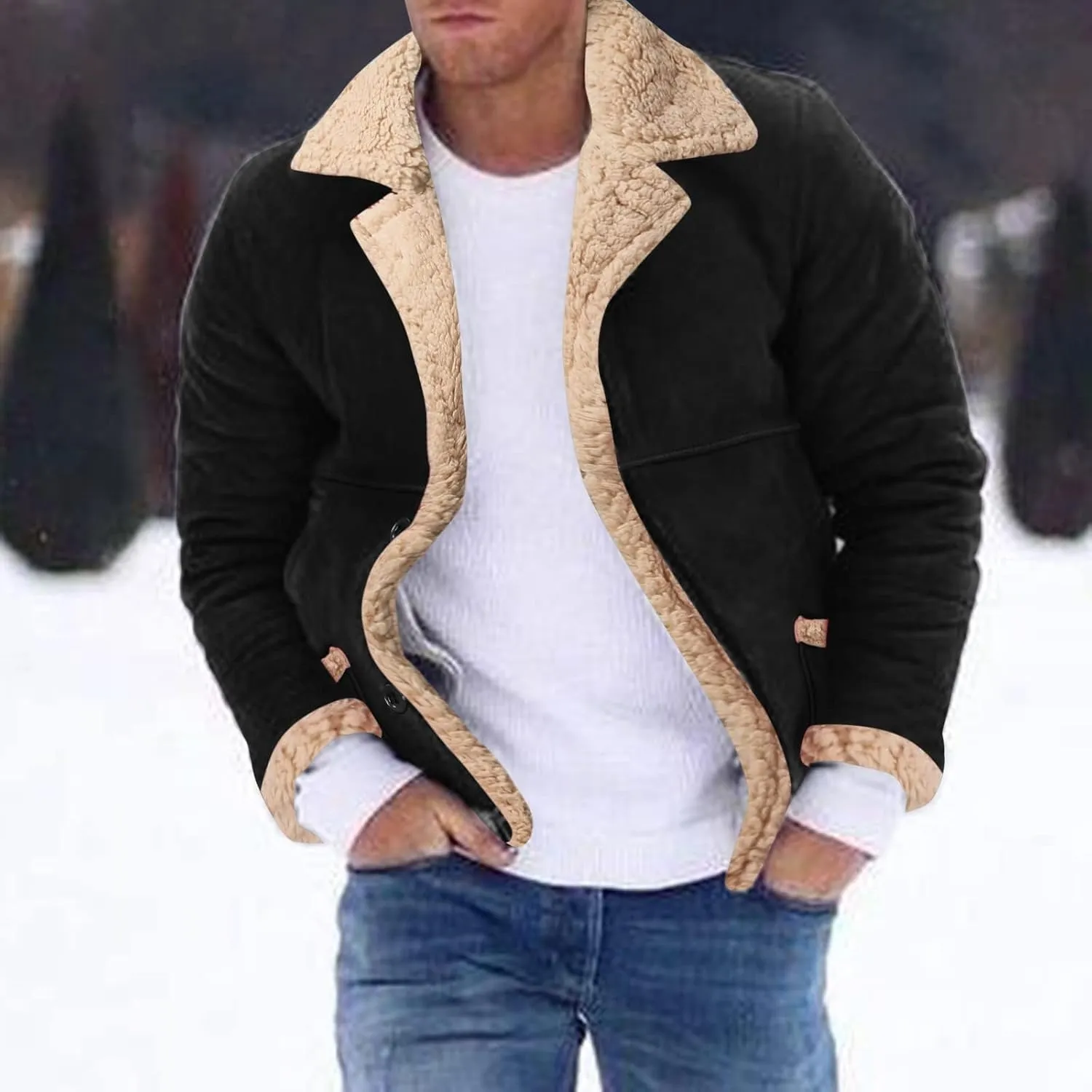Shearling Coat Men Sheepskin Faux Leather Jacket Fleece Sherpa Lined Bomber Jacket Crop Warm Winter Trench Coat Pocket