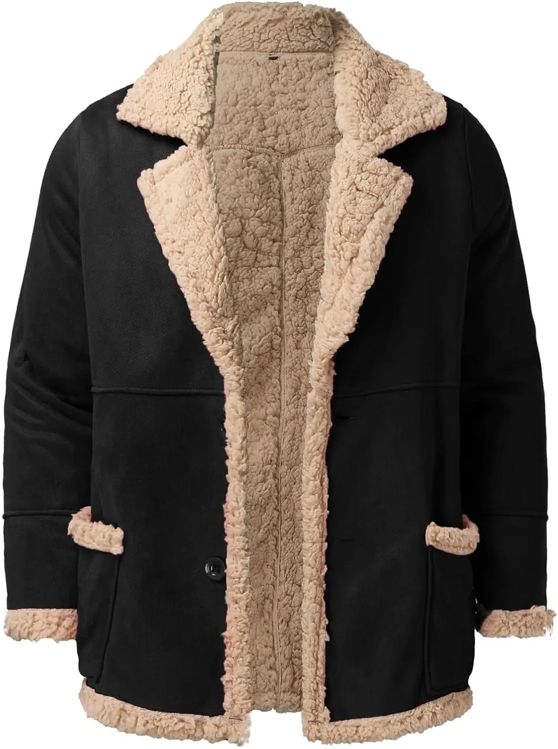 Shearling Coat Men Sheepskin Faux Leather Jacket Fleece Sherpa Lined Bomber Jacket Crop Warm Winter Trench Coat Pocket