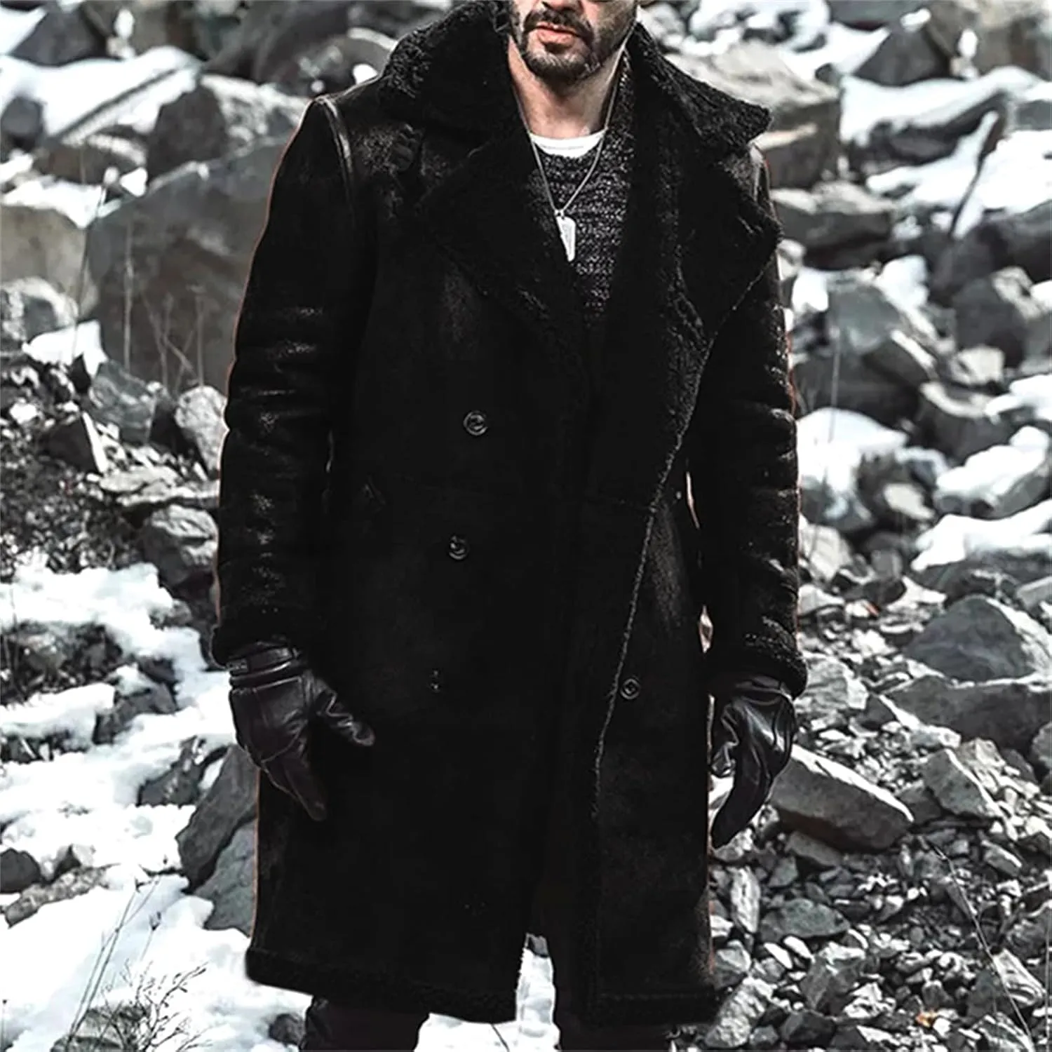 Shearling Leather Coat Men Faux Suede Sherpa Lined Sheepskin Jacket Aviator Bomber Warm Winter Jacket Long Trench Coats