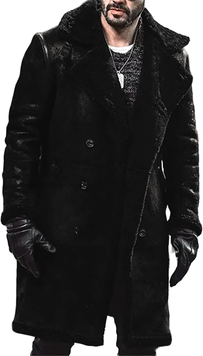 Shearling Leather Coat Men Faux Suede Sherpa Lined Sheepskin Jacket Aviator Bomber Warm Winter Jacket Long Trench Coats
