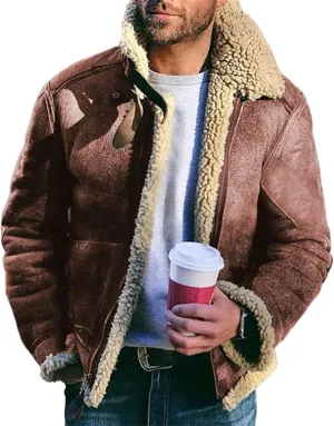 Sherpa Lined Jacket Men Faux Leather Fuzzy Fleece Bomber Jack Mens Winter Heavyweight Suede Faux Fur Trench Coat
