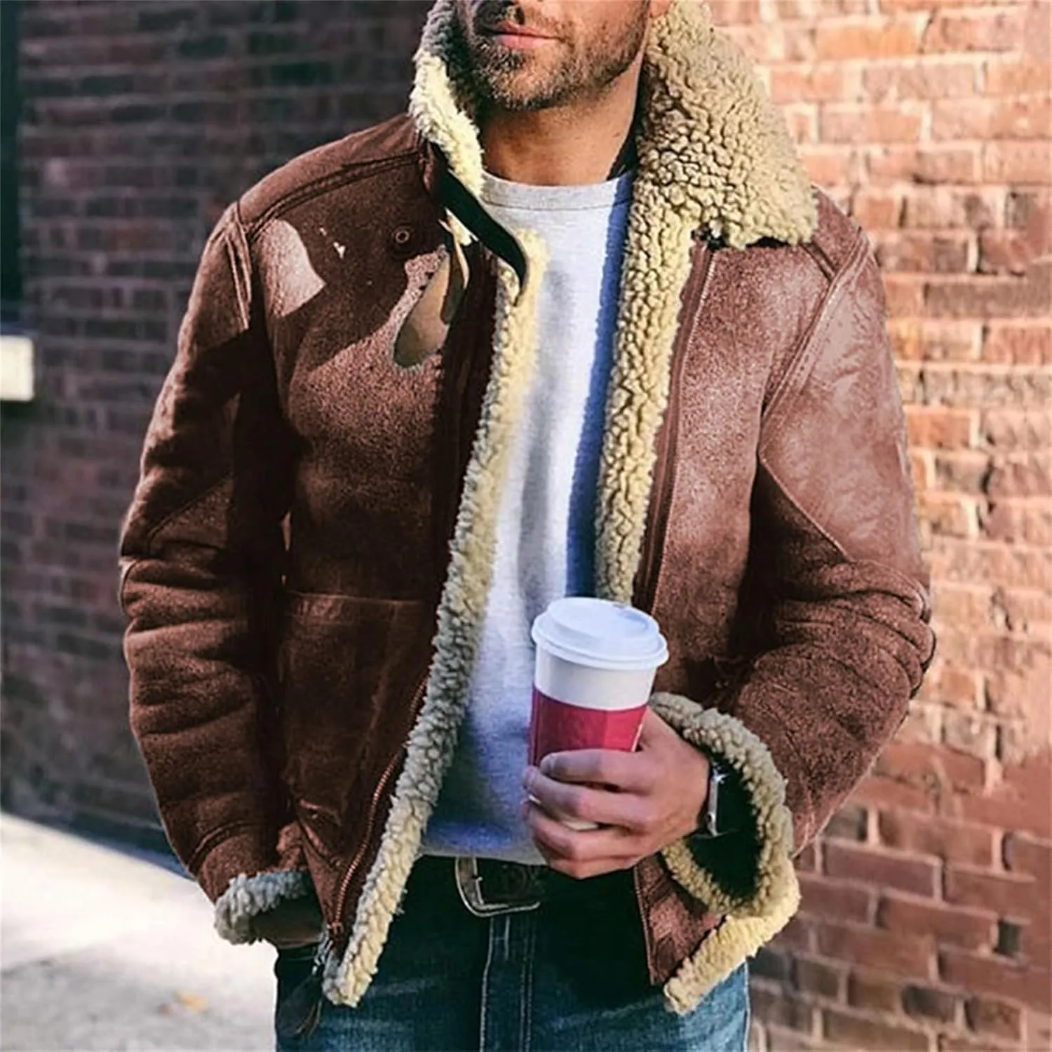Sherpa Lined Jacket Men Faux Leather Fuzzy Fleece Bomber Jack Mens Winter Heavyweight Suede Faux Fur Trench Coat