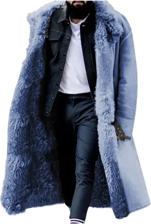 Sherpa Lined Long Jacket Men Faux Leather Shearling Jacket Fur Collar Trench Coats Winter Sheepskin Fleece Coat Pocket