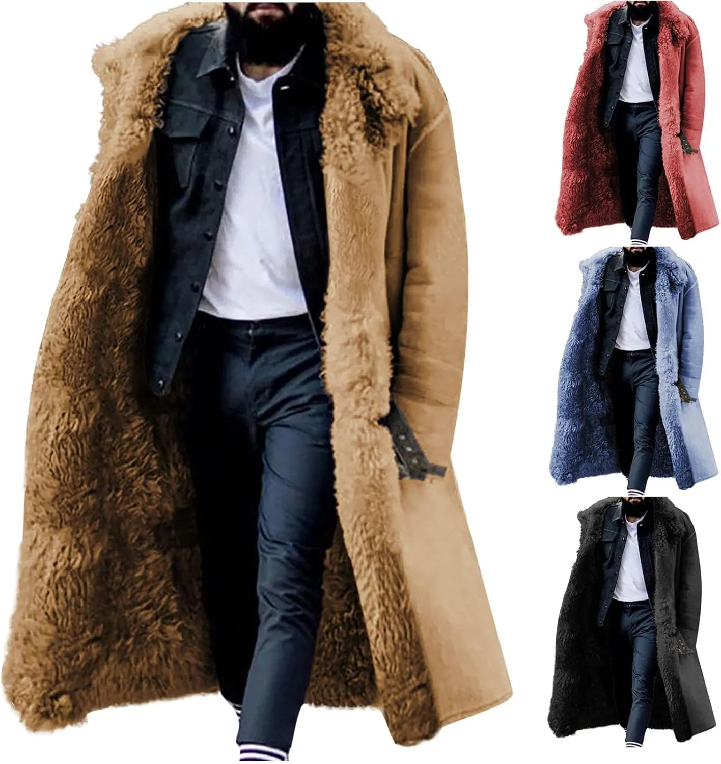 Sherpa Lined Long Jacket Men Faux Leather Shearling Jacket Fur Collar Trench Coats Winter Sheepskin Fleece Coat Pocket
