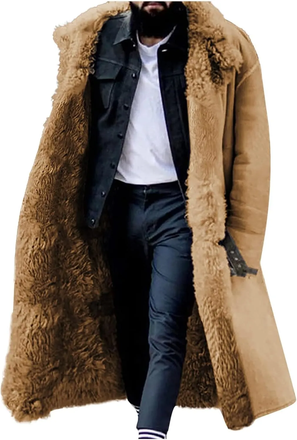 Sherpa Lined Long Jacket Men Faux Leather Shearling Jacket Fur Collar Trench Coats Winter Sheepskin Fleece Coat Pocket