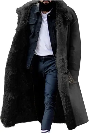 Sherpa Lined Long Jacket Men Faux Leather Shearling Jacket Fur Collar Trench Coats Winter Sheepskin Fleece Coat Pocket