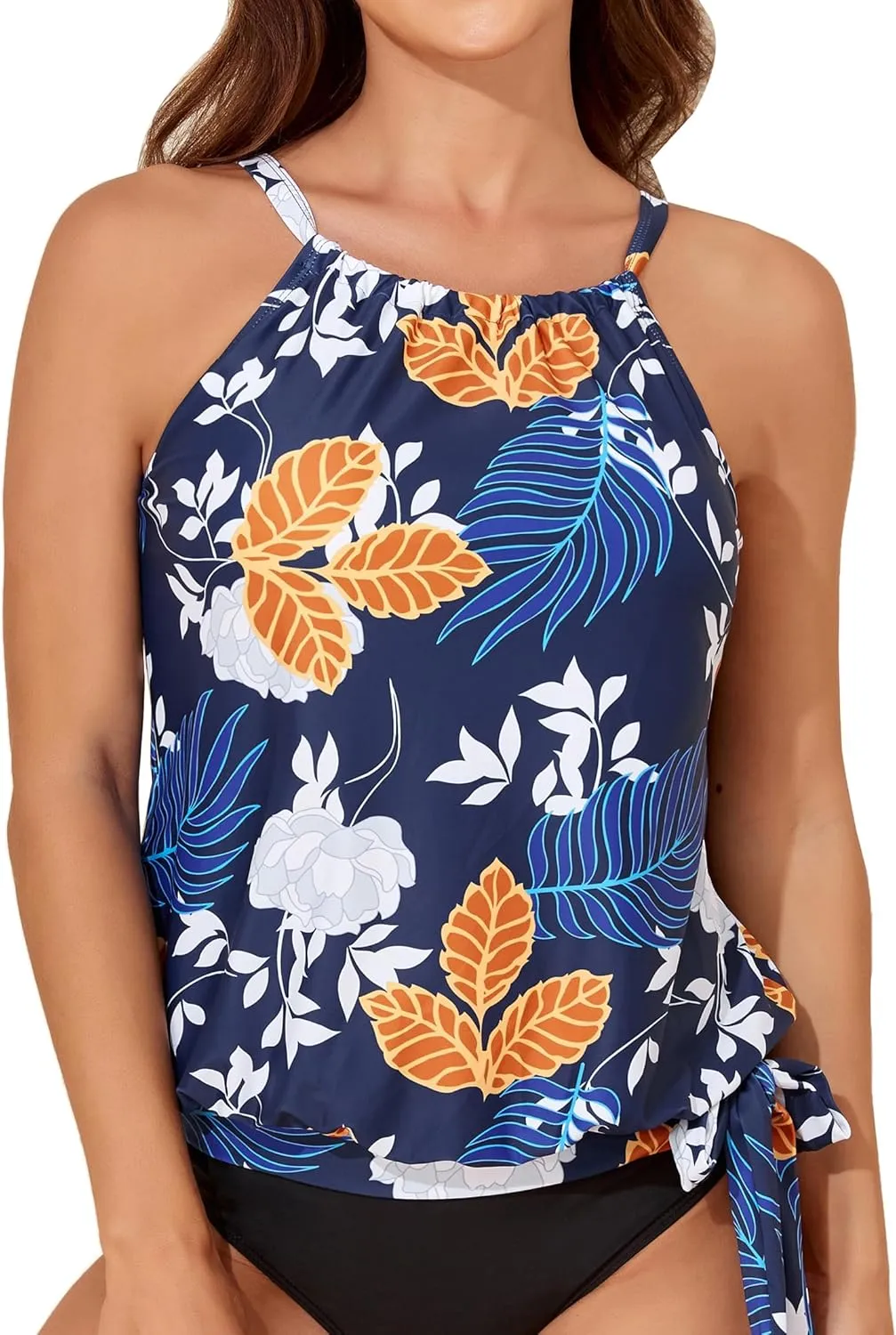 Smismivo Blouson Tankini Tops for Women High Neck Tank Top Bathing Suit Halter Swim Top Padded Swimwear Top Only