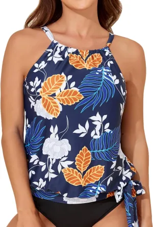 Smismivo Blouson Tankini Tops for Women High Neck Tank Top Bathing Suit Halter Swim Top Padded Swimwear Top Only
