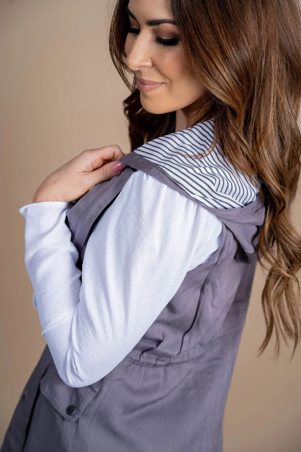 Stripe Lined Hooded Utility Vest