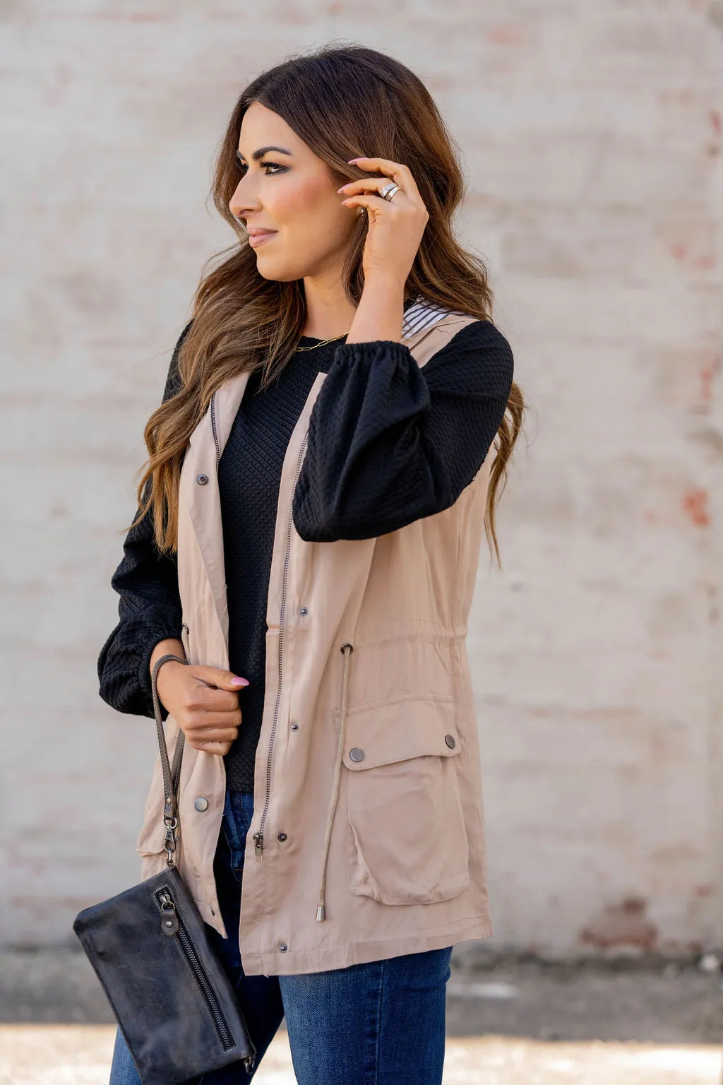 Stripe Lined Hooded Utility Vest
