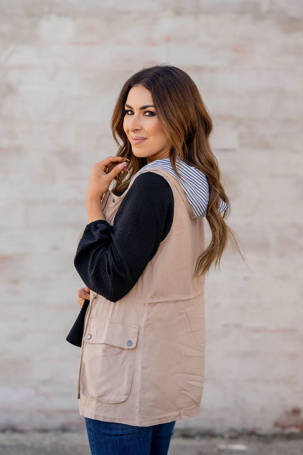 Stripe Lined Hooded Utility Vest
