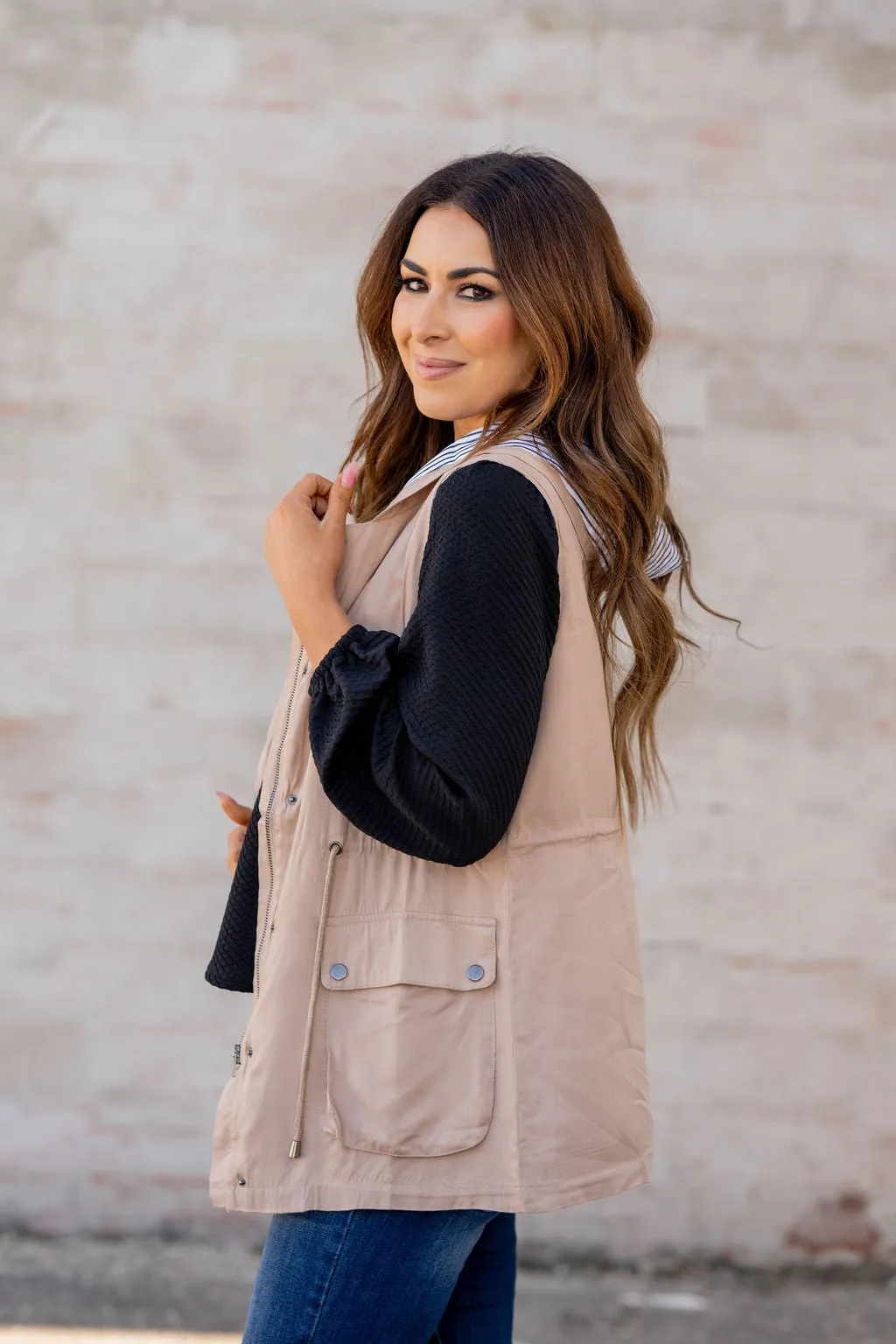 Stripe Lined Hooded Utility Vest