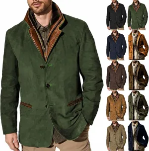 Suede Blazer for Men Faux Leather Suit Jacket Distressed Notch Lapel Buttons Sport Coat Zipper Trucker Western Jacket