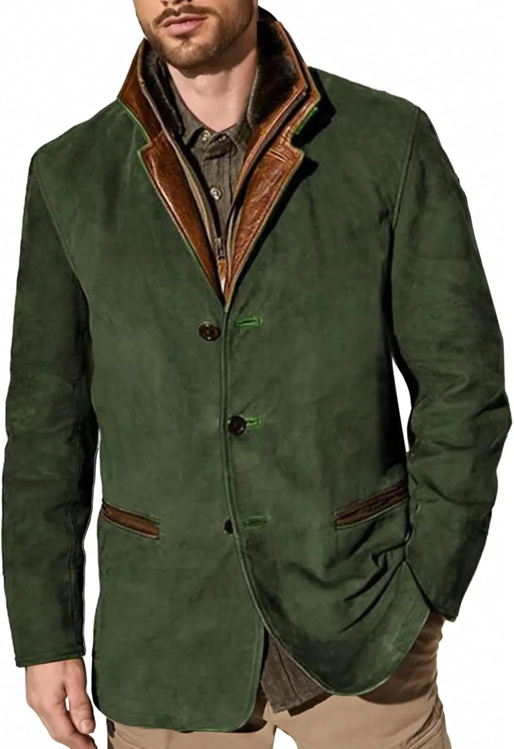 Suede Blazer for Men Faux Leather Suit Jacket Distressed Notch Lapel Buttons Sport Coat Zipper Trucker Western Jacket