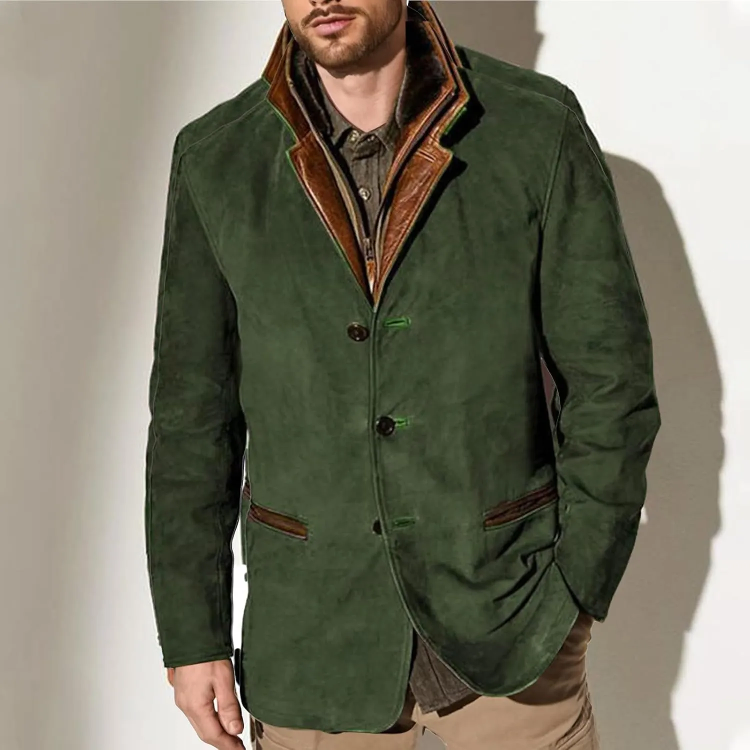Suede Blazer for Men Faux Leather Suit Jacket Distressed Notch Lapel Buttons Sport Coat Zipper Trucker Western Jacket