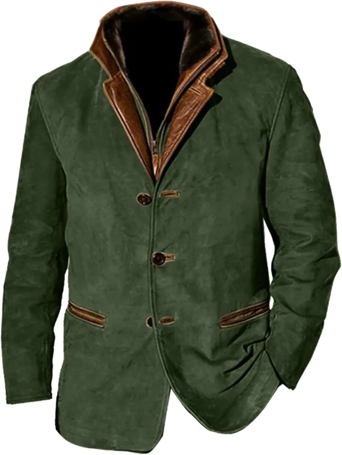 Suede Blazer for Men Faux Leather Suit Jacket Distressed Notch Lapel Buttons Sport Coat Zipper Trucker Western Jacket
