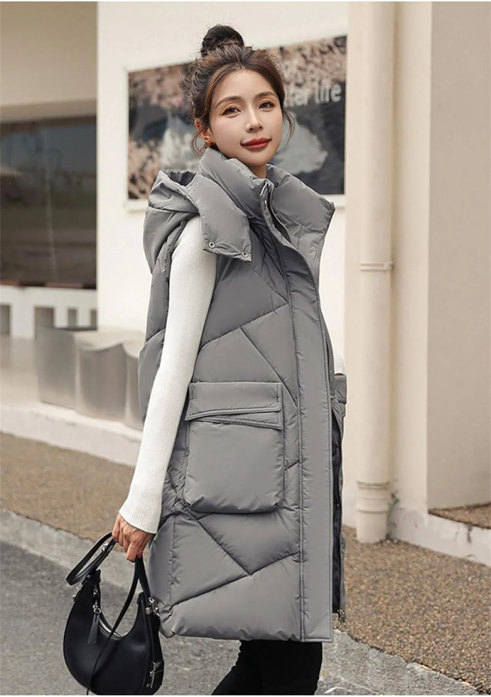 SWEPER Women's Down Vest - Autumn Winter Elegant Women Hooded Cotton Padded Vest Warm Female Sleeveless Jacket Solid Mid