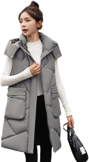 SWEPER Women's Down Vest - Autumn Winter Elegant Women Hooded Cotton Padded Vest Warm Female Sleeveless Jacket Solid Mid