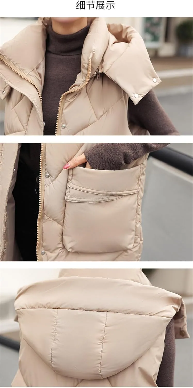 SWEPER Women's Down Vest - Autumn Winter Elegant Women Hooded Cotton Padded Vest Warm Female Sleeveless Jacket Solid Mid