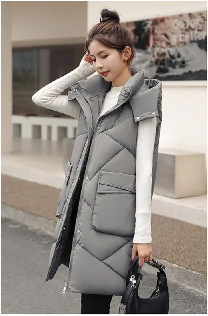 SWEPER Women's Down Vest - Autumn Winter Elegant Women Hooded Cotton Padded Vest Warm Female Sleeveless Jacket Solid Mid
