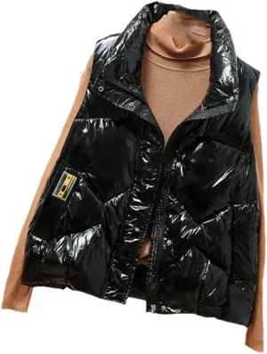 SWEPER Women'S Down Vest - Autumn Winter Women Stand Collar Down Vest Jacket Fashion Glossy Vest Woman Cotton Padded