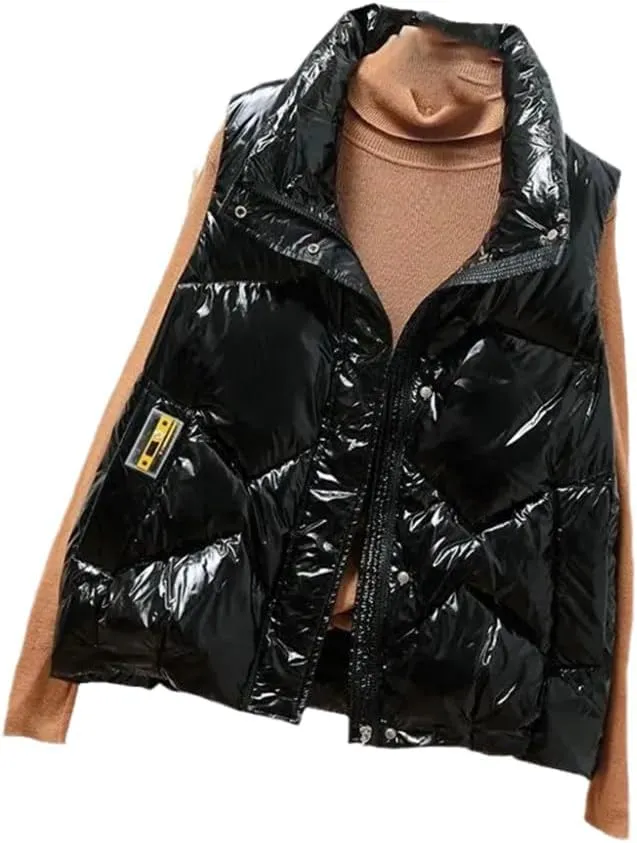 SWEPER Women'S Down Vest - Autumn Winter Women Stand Collar Down Vest Jacket Fashion Glossy Vest Woman Cotton Padded