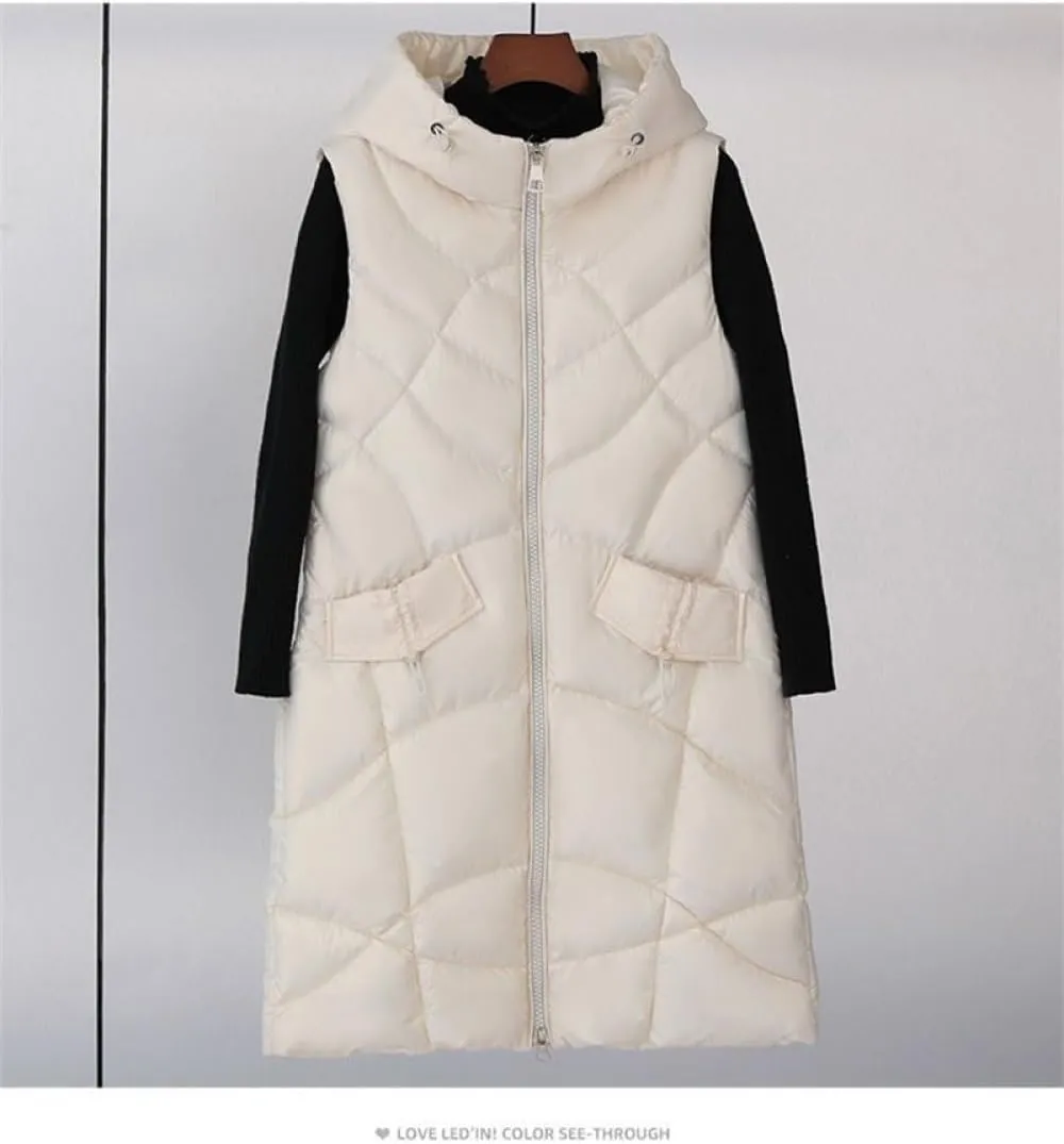 SWEPER Women'S Down Vest - Winter Long Vest For Women Hooded Cotton Padded Coat Women'S Winter Sleeveless Jacket Zipper