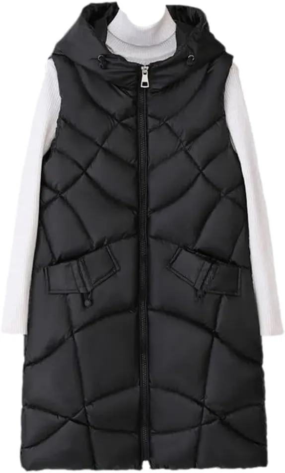 SWEPER Women'S Down Vest - Winter Long Vest For Women Hooded Cotton Padded Coat Women'S Winter Sleeveless Jacket Zipper