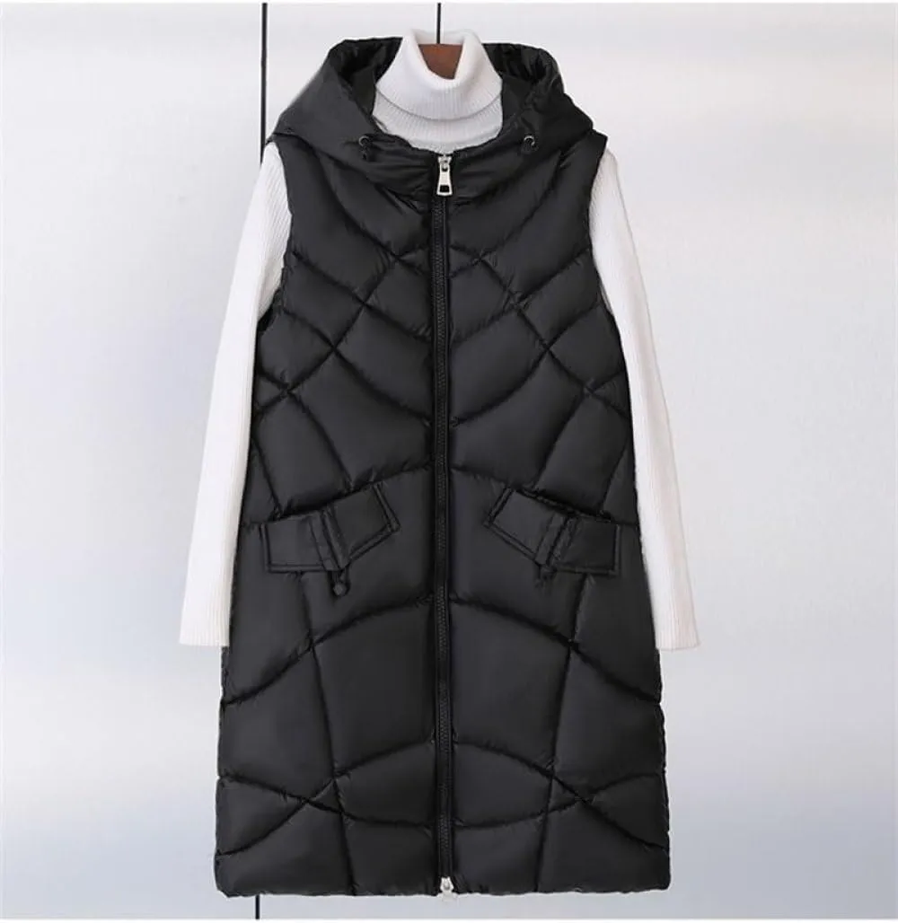 SWEPER Women'S Down Vest - Winter Long Vest For Women Hooded Cotton Padded Coat Women'S Winter Sleeveless Jacket Zipper