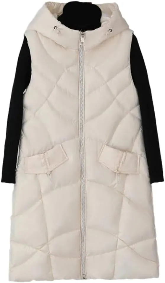 SWEPER Women'S Down Vest - Winter Long Vest For Women Hooded Cotton Padded Coat Women'S Winter Sleeveless Jacket Zipper