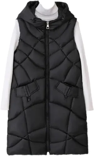 SWEPER Women'S Down Vest - Winter Long Vest For Women Hooded Cotton Padded Coat Women'S Winter Sleeveless Jacket Zipper