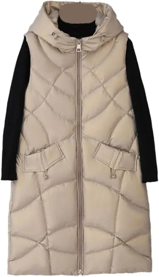 SWEPER Women'S Down Vest - Winter Long Vest For Women Hooded Cotton Padded Coat Women'S Winter Sleeveless Jacket Zipper