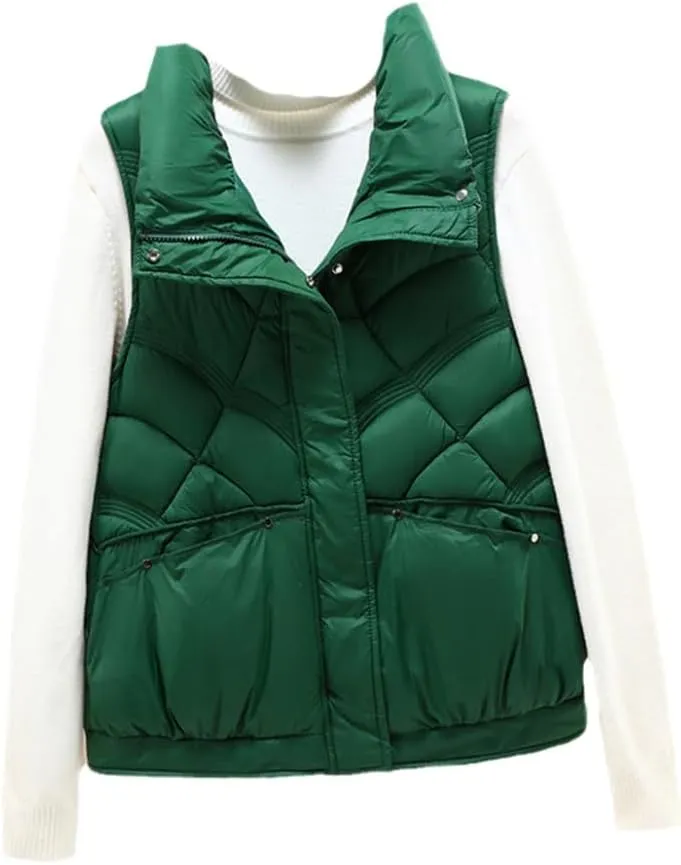SWEPER Women'S Down Vest - Women Vest Stand Collar Short Cotton Padded Jacket Sleeveless Female Outerwear Autumn Winter