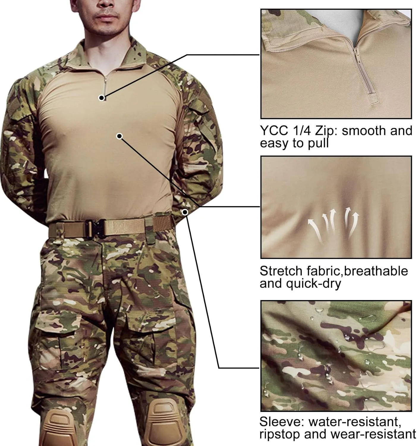 Tactical Shirt for Men G3 Camo Combat Shirt Long Sleeve BDU Military Shirt 1/4 Zip with Pockets