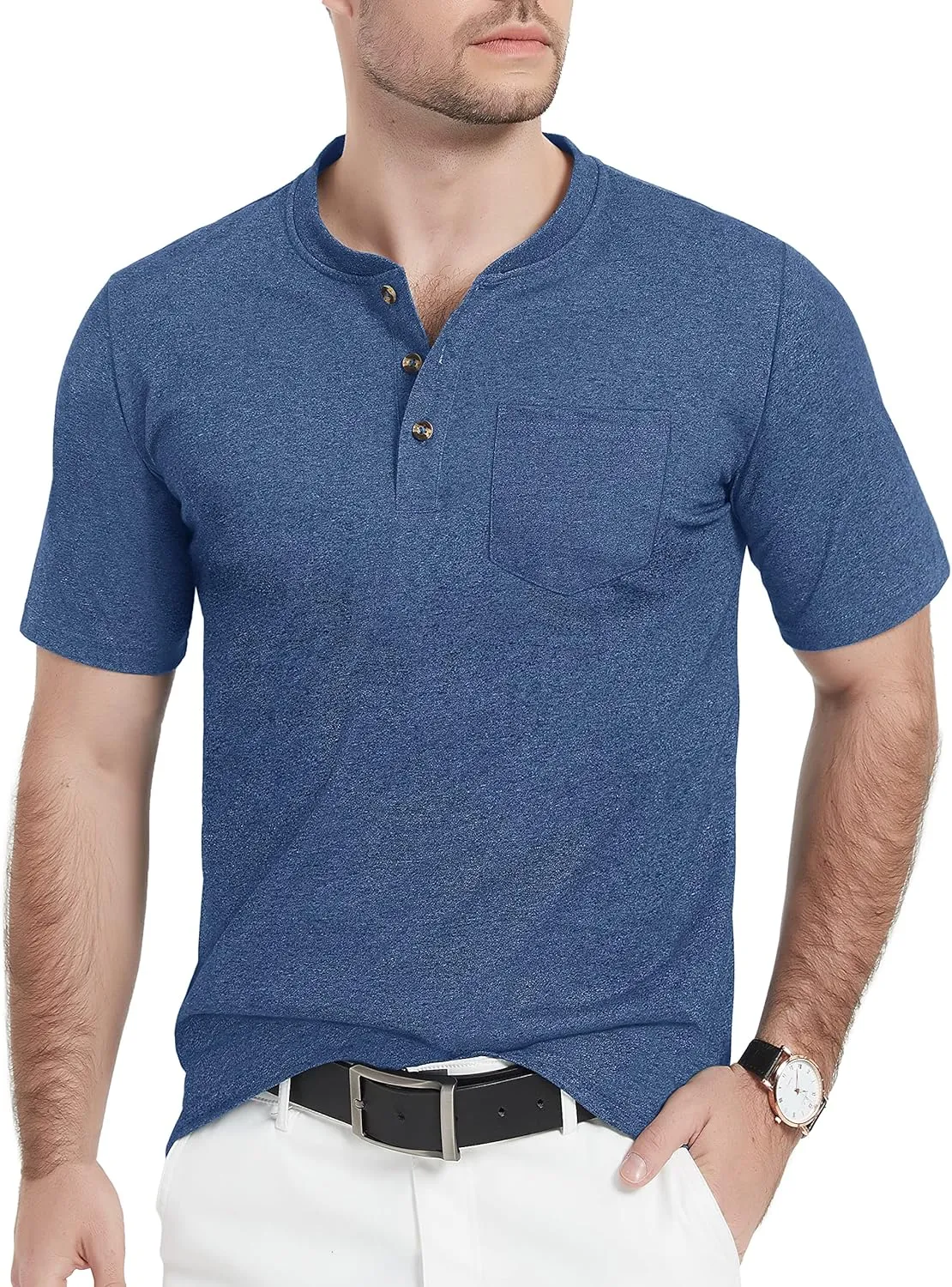TACVASEN Men's Henley Shirt Cotton Short Sleeve 3 Buttons Chest Pocket Casual T Shirt Lightweight Shirt Solid Color