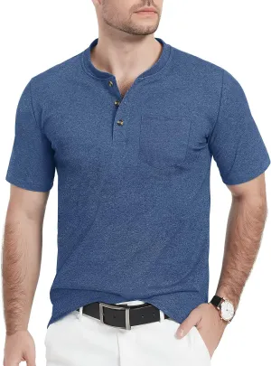 TACVASEN Men's Henley Shirt Cotton Short Sleeve 3 Buttons Chest Pocket Casual T Shirt Lightweight Shirt Solid Color