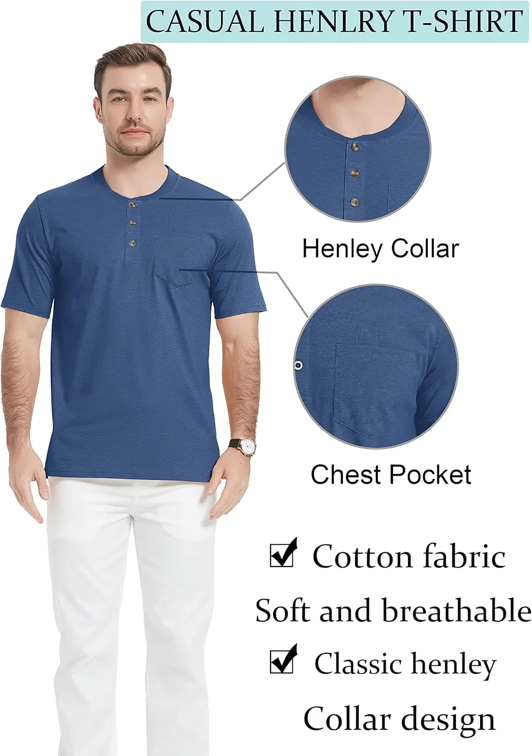 TACVASEN Men's Henley Shirt Cotton Short Sleeve 3 Buttons Chest Pocket Casual T Shirt Lightweight Shirt Solid Color