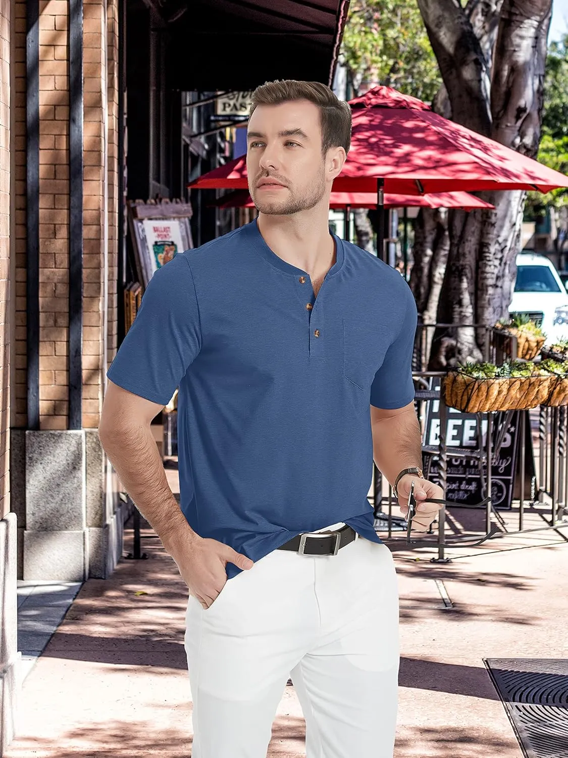 TACVASEN Men's Henley Shirt Cotton Short Sleeve 3 Buttons Chest Pocket Casual T Shirt Lightweight Shirt Solid Color