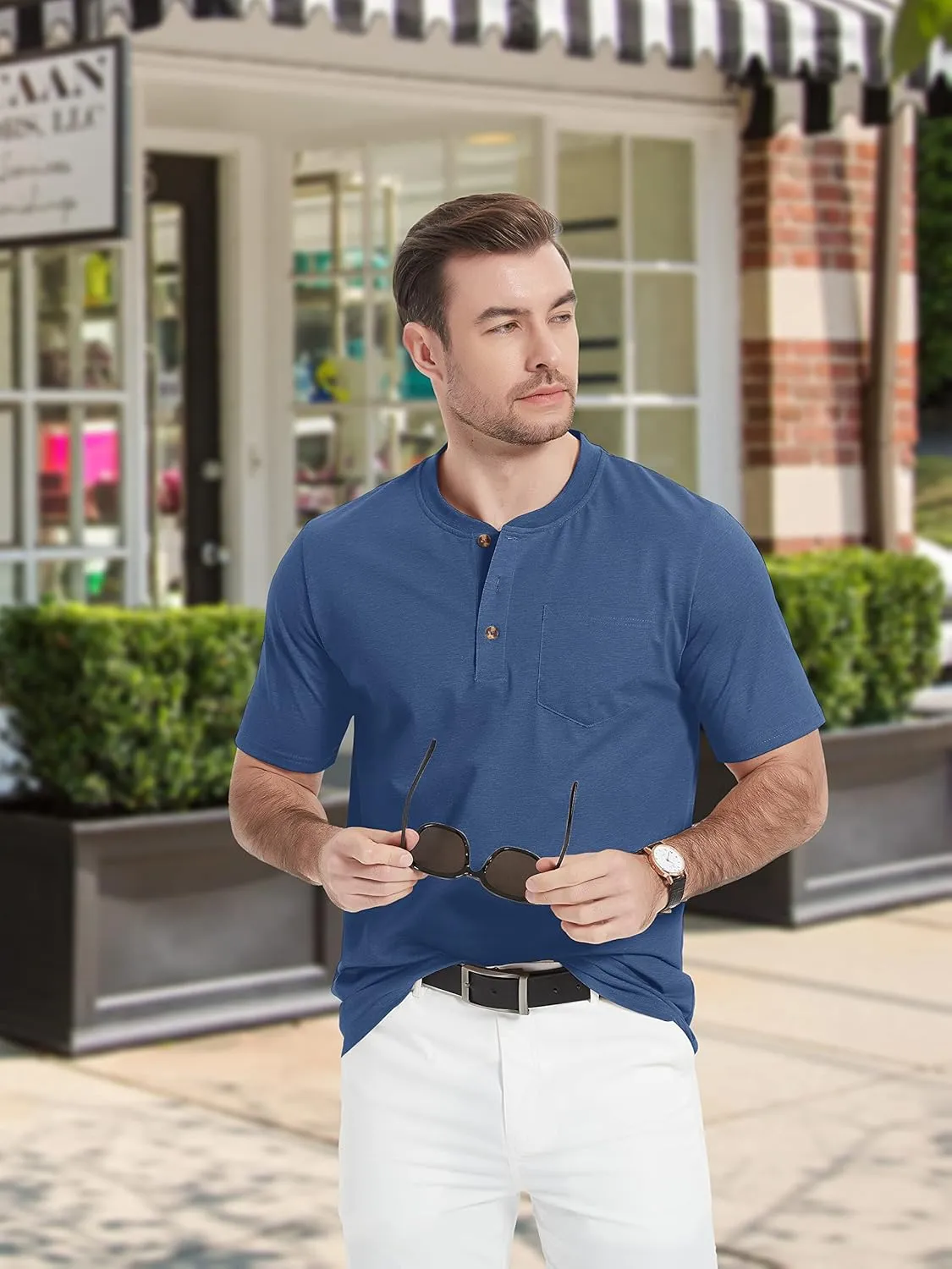 TACVASEN Men's Henley Shirt Cotton Short Sleeve 3 Buttons Chest Pocket Casual T Shirt Lightweight Shirt Solid Color