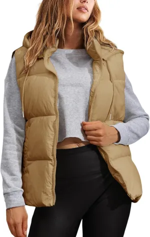 Tanming Black Puffer Vest Women Zip Up Lightweight Sleeveless Winter Outerwear Vests with Hood