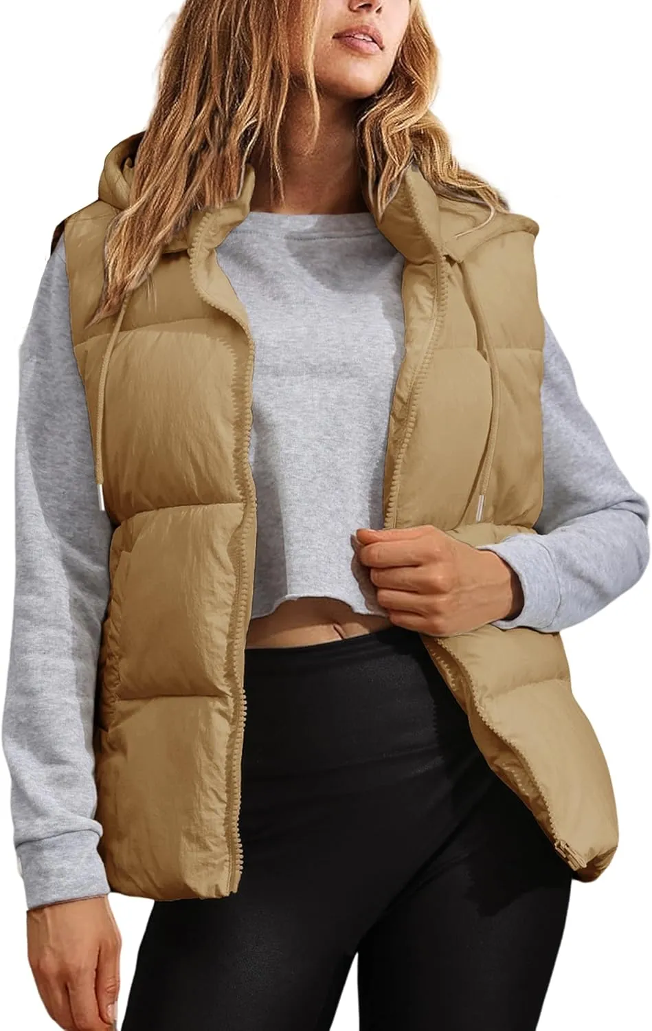 Tanming Black Puffer Vest Women Zip Up Lightweight Sleeveless Winter Outerwear Vests with Hood
