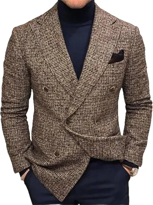 Thatrich Mens Blazer Vintage Herringbone Tweed Blazer Casual Business Jacket Two Button Cardigan Formal Jackets for Work Coat