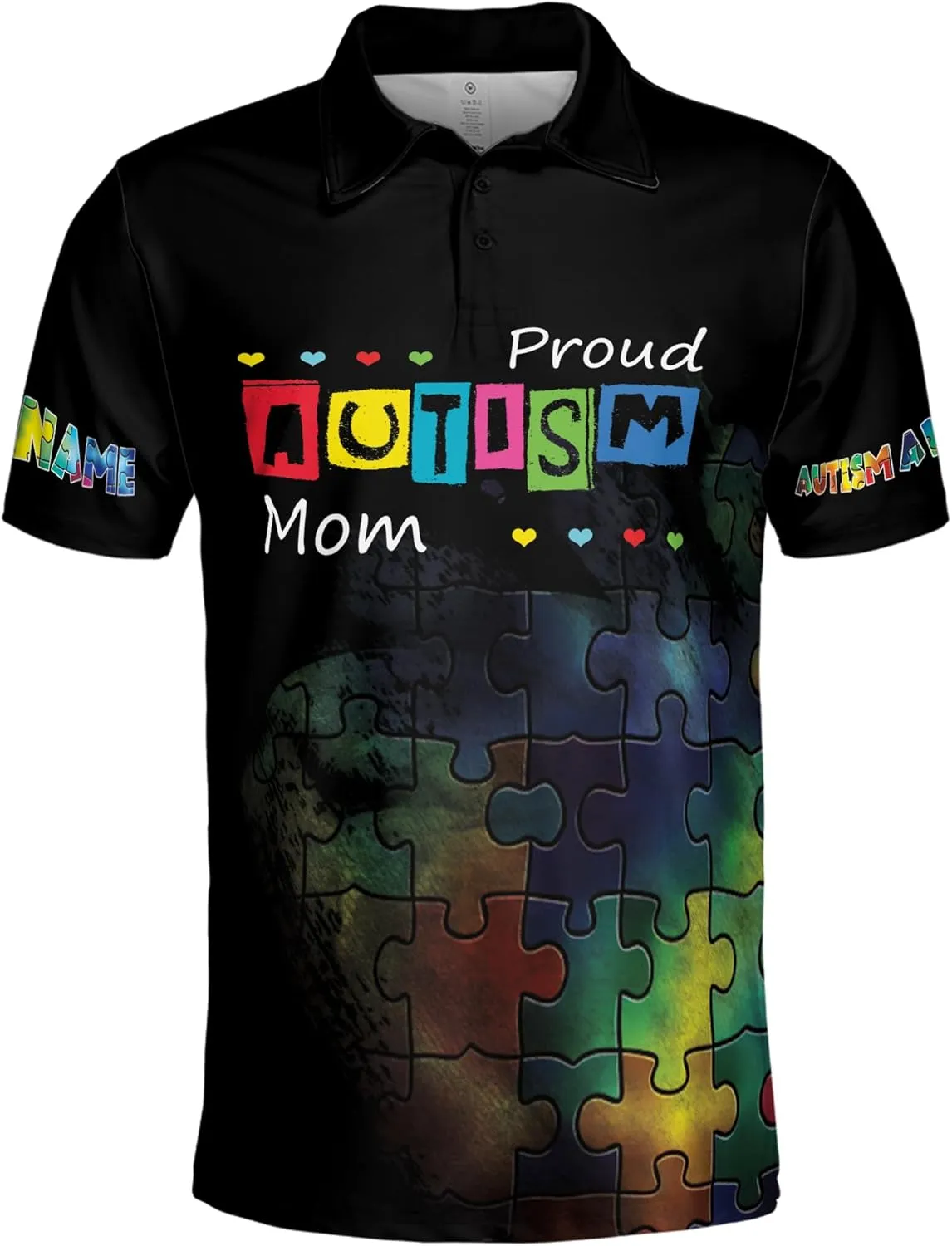ThuhaTree Store Personalized Name Autism Awareness Hearts Colorful Men & Women Polo Shirt S-5XL, Polo Autism Shirt