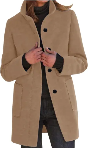 Trench Coat for Women Wool Blend Casual Coat Single Breasted Stand Collar Slim Fit Dressy Jackets with Pockets