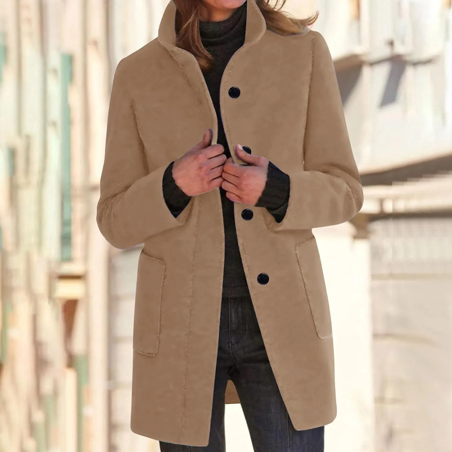 Trench Coat for Women Wool Blend Casual Coat Single Breasted Stand Collar Slim Fit Dressy Jackets with Pockets