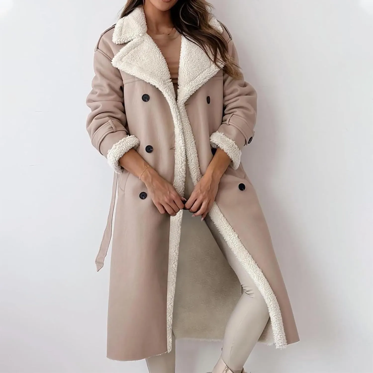 Trench Coat Women Fleece Sherpa Lined Jacket Notch Lapel Double Breasted Jacket with Belt Winter Warm Overcoat Outwear