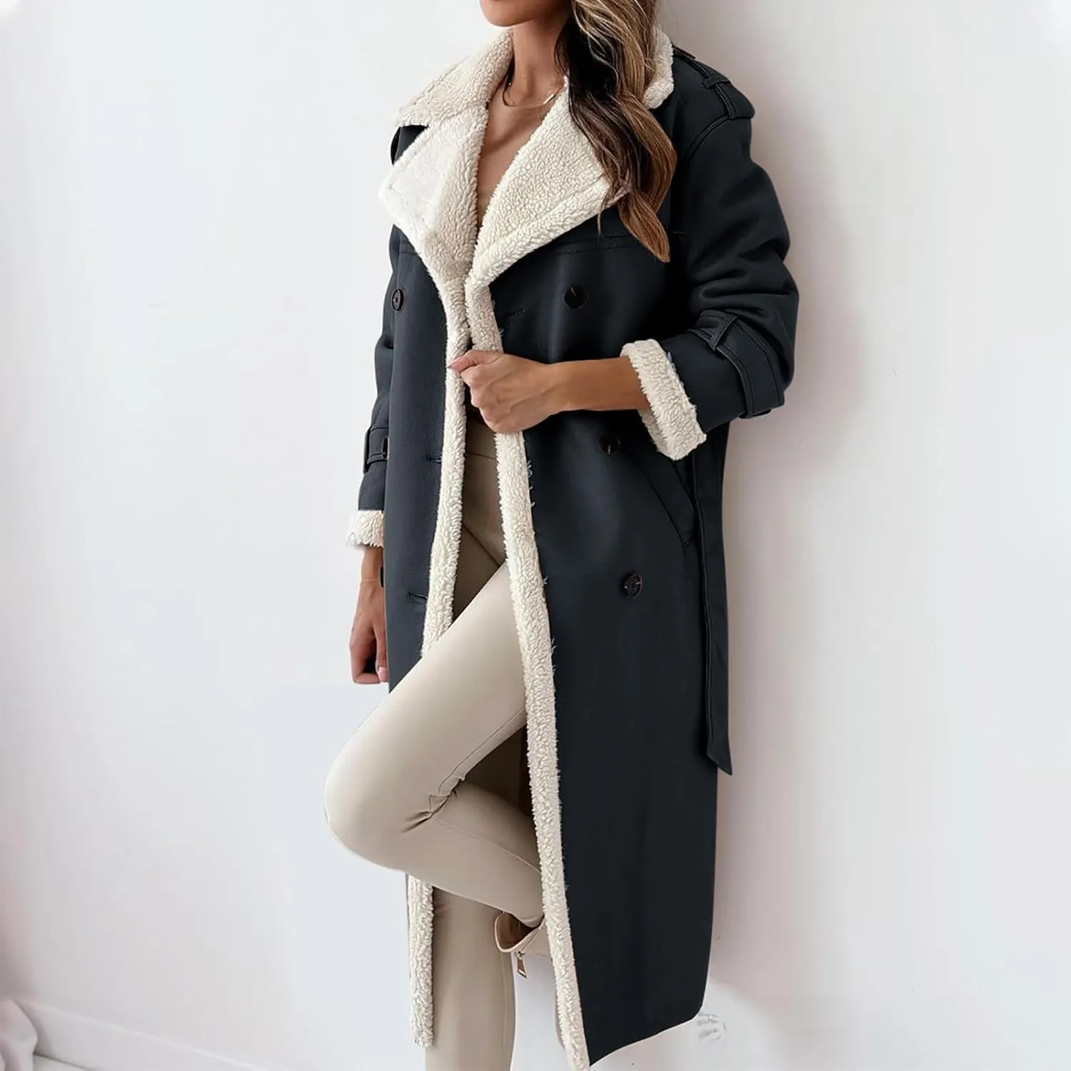 Trench Coat Women Fleece Sherpa Lined Jacket Notch Lapel Double Breasted Jacket with Belt Winter Warm Overcoat Outwear