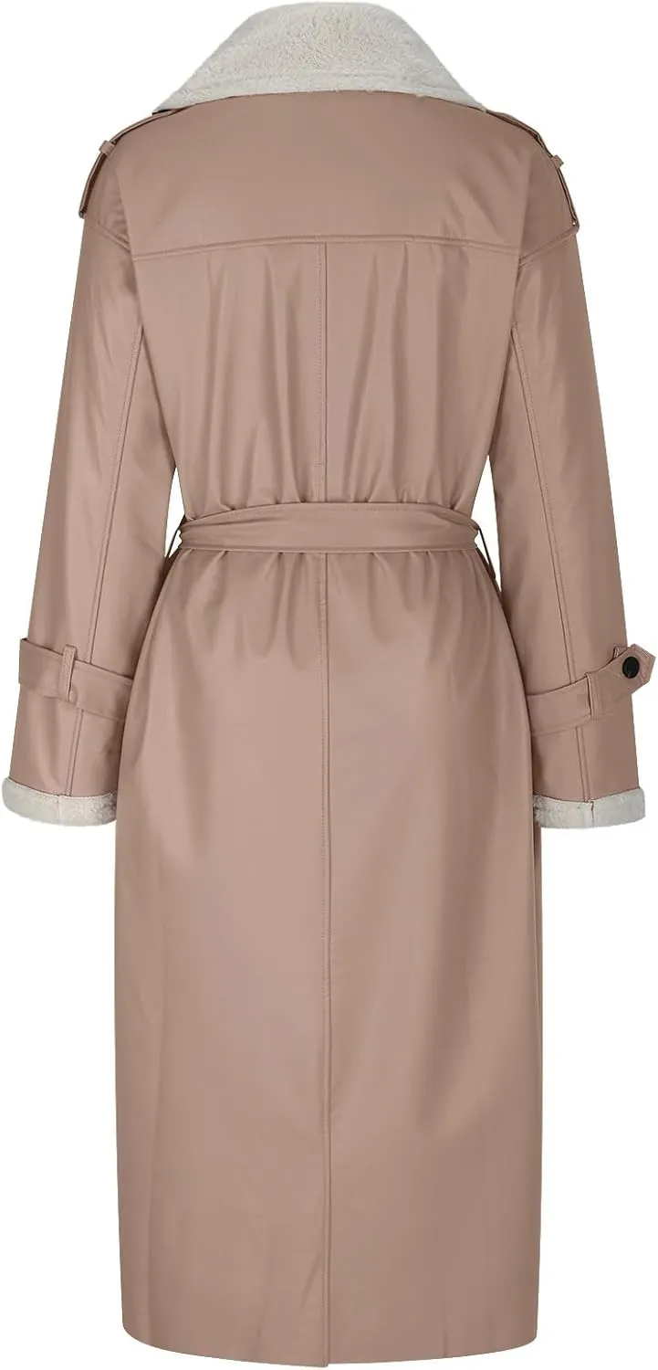 Trench Coat Women Fleece Sherpa Lined Jacket Notch Lapel Double Breasted Jacket with Belt Winter Warm Overcoat Outwear
