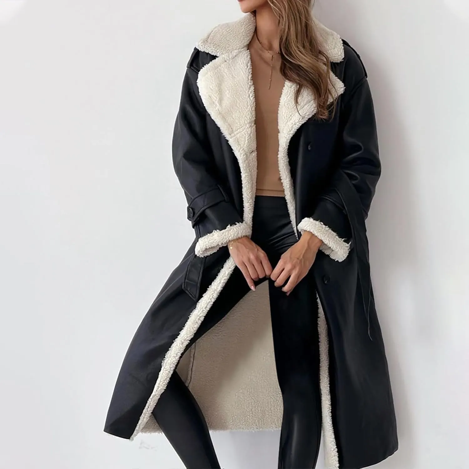 Trench Coat Women Fleece Sherpa Lined Jacket Notch Lapel Double Breasted Jacket with Belt Winter Warm Overcoat Outwear